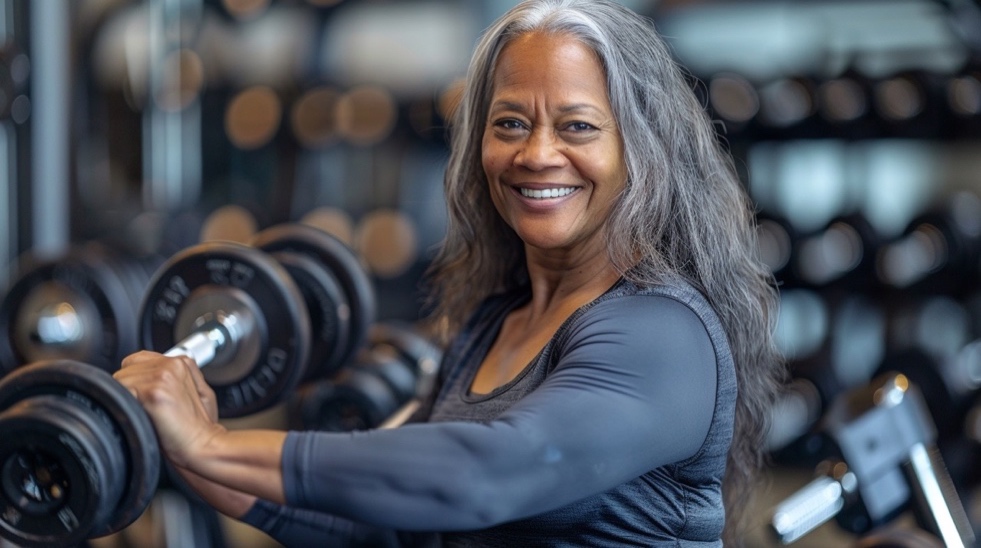 A woman lifting weights in a gym doing heavy weightlifting.