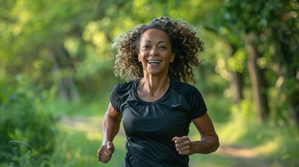 A woman running in a forest doing Sprint Interval Training