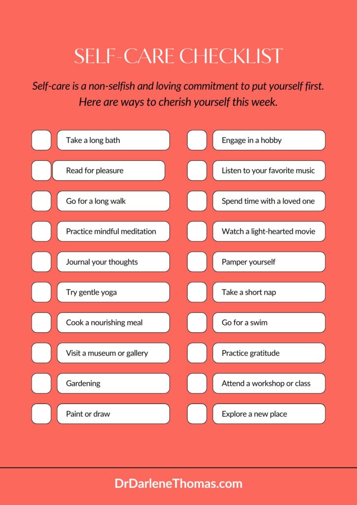 A self-care checklist with white squares Description automatically generated