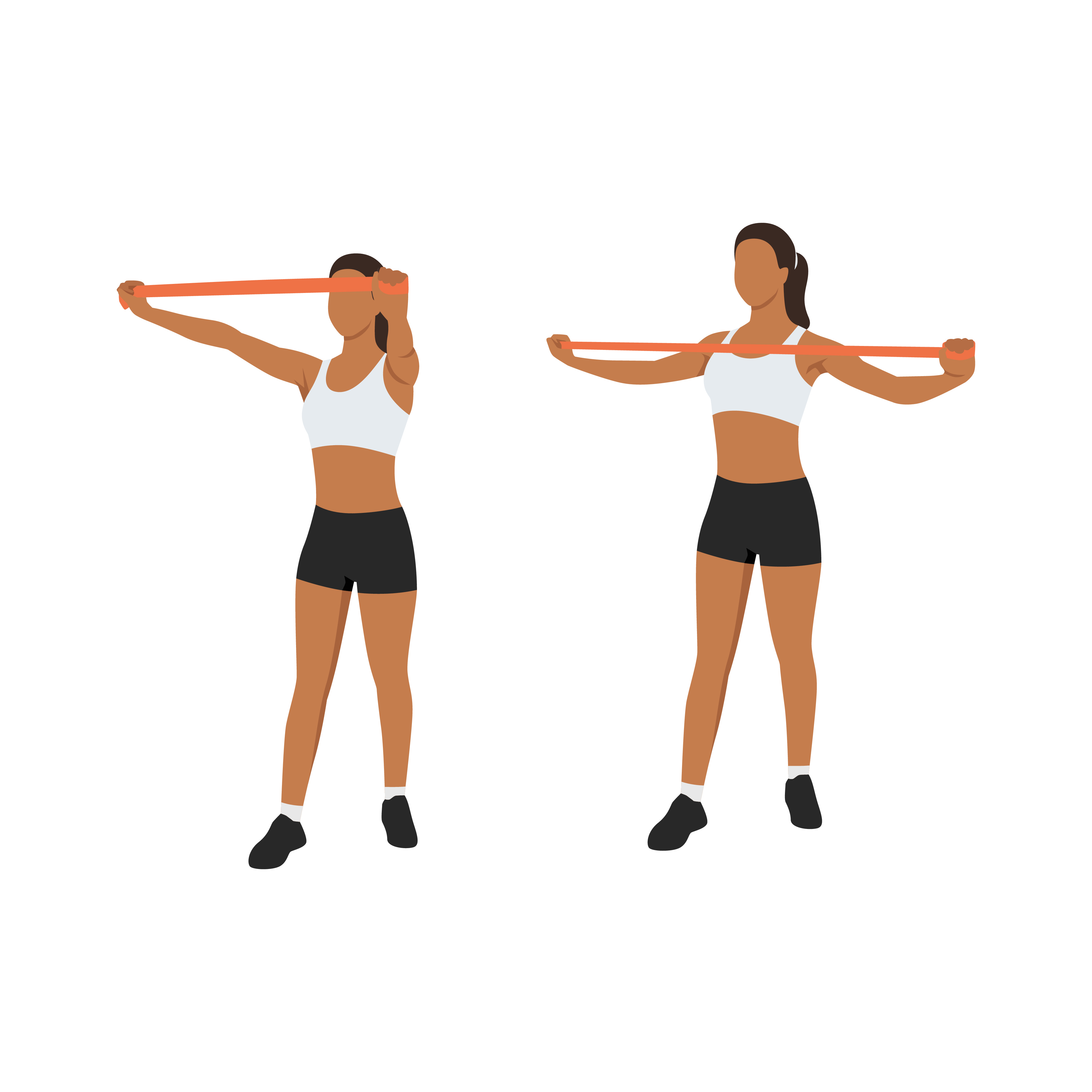 Woman doing resistance band pull apart exercise.