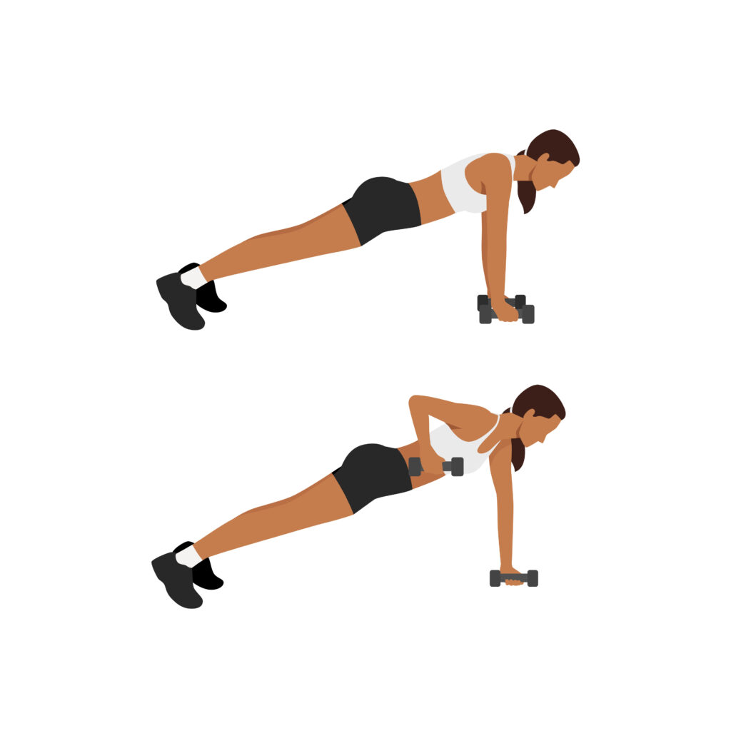 Woman doing renegade row/plank row exercise.