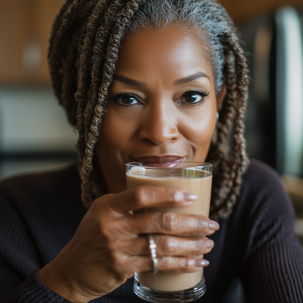 A woman drinking a protein shake