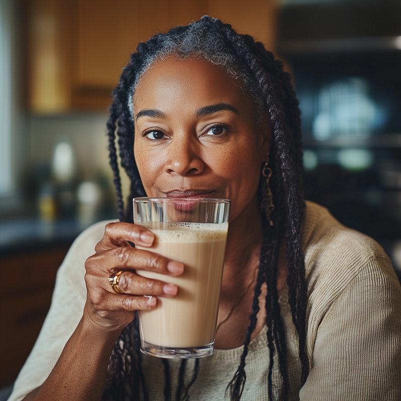 A woman drinking a protein drink