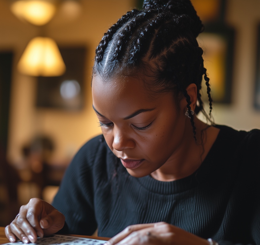 A woman looking at a puzzle.