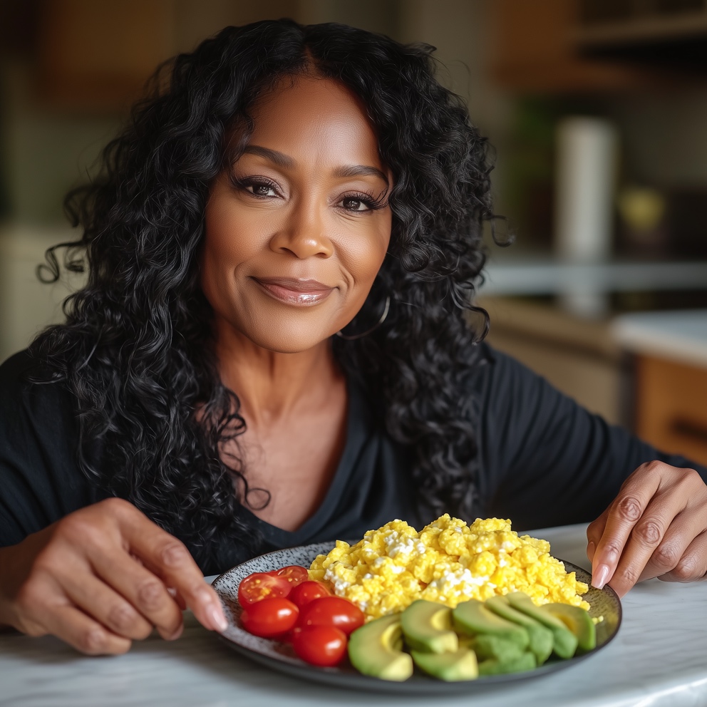 A person sitting at a table with a plate of Eggs And Cottage Cheese Scramble