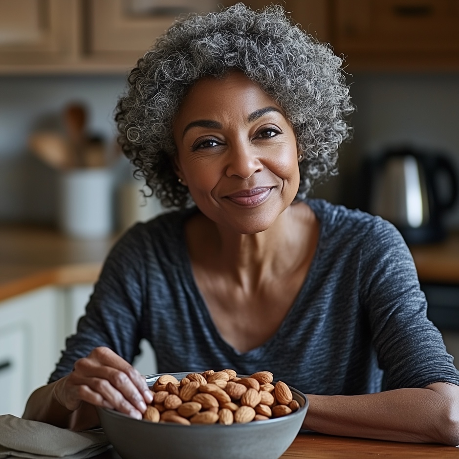 A woman eating nuts almonds or walnuts or seeds