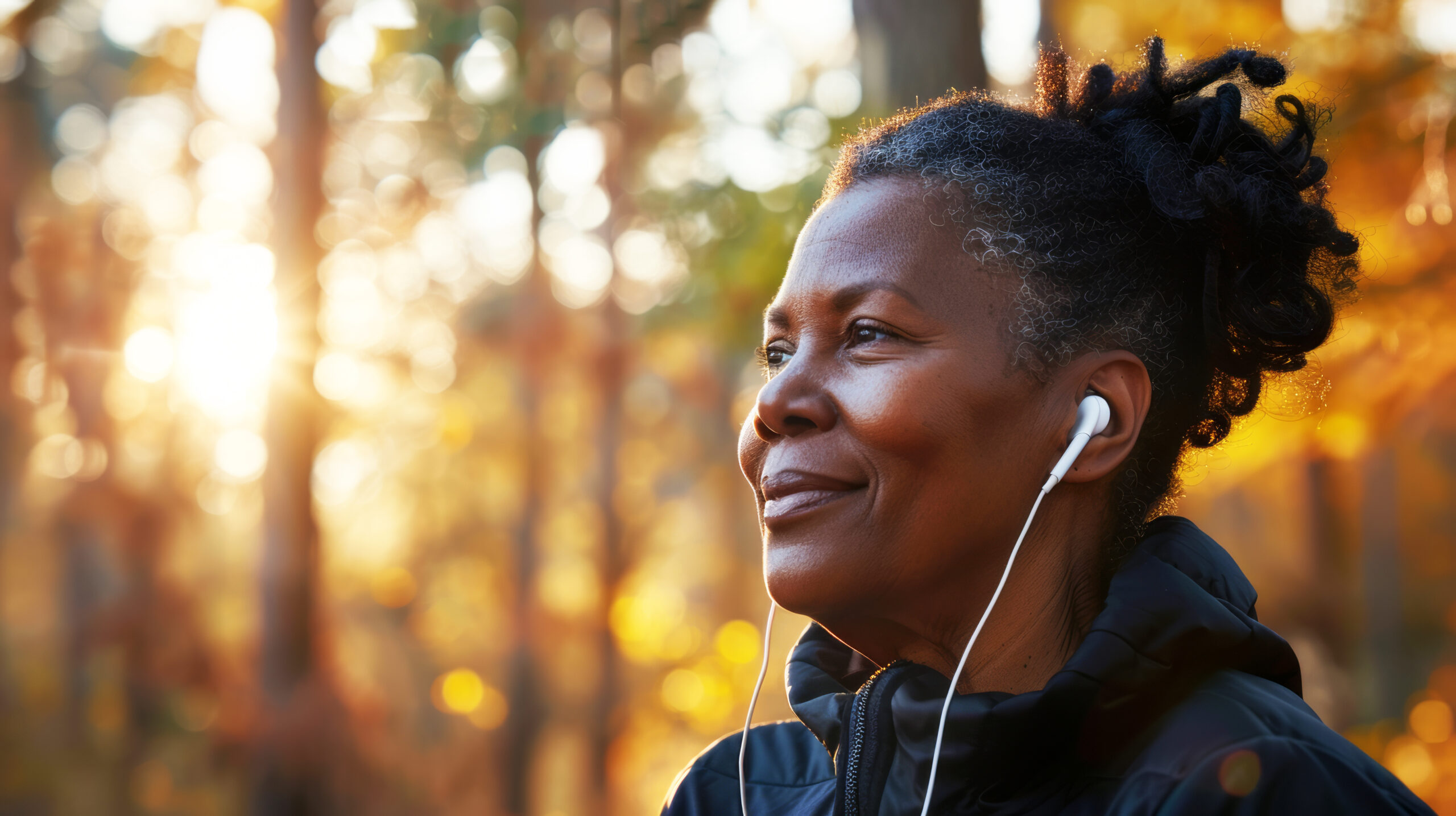 A woman walking outdoors wearing earphones and smiling