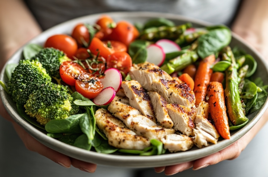 A plate of food with meat and vegetables