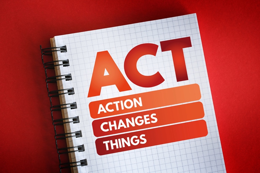 A notepad with text on it saying ACT, Action, Changes, Things.