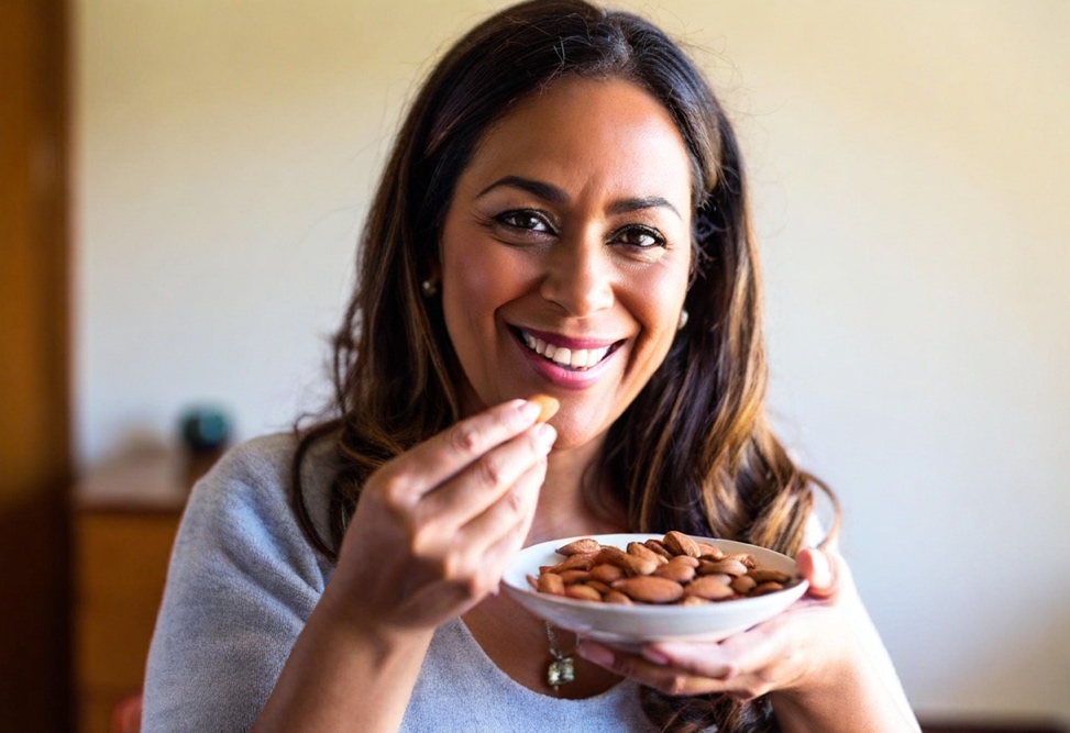 A woman eating a bowl of nuts.