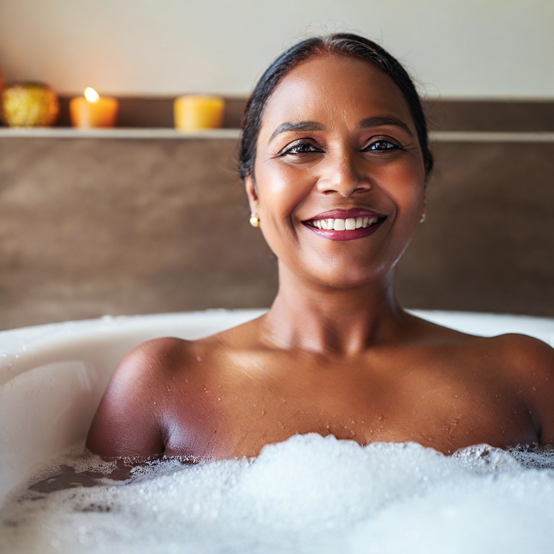 A woman in a bathtub.